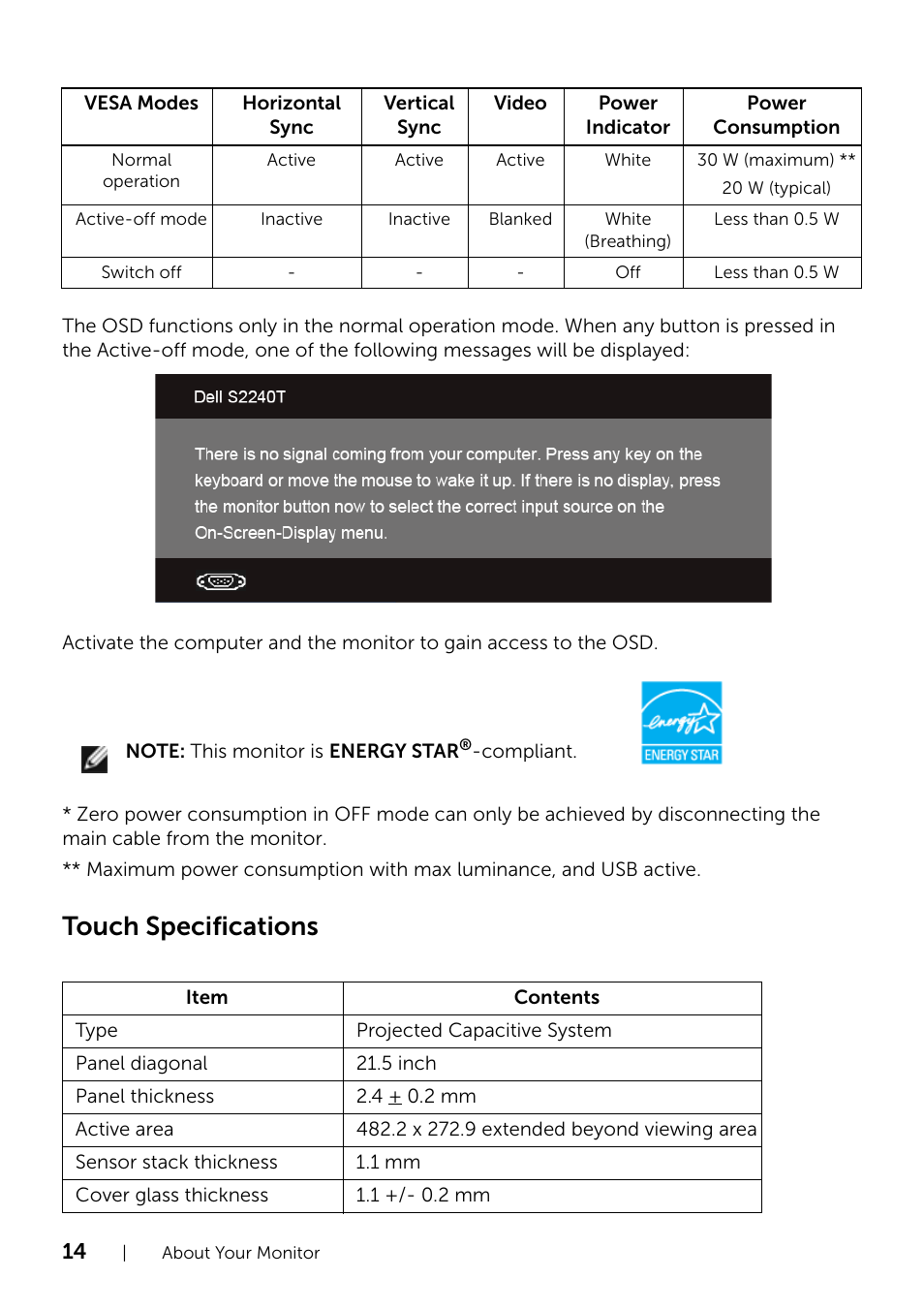 Touch specifications | Dell S2240T 21.5 Multi-Touch Monitor with LED User Manual | Page 14 / 50
