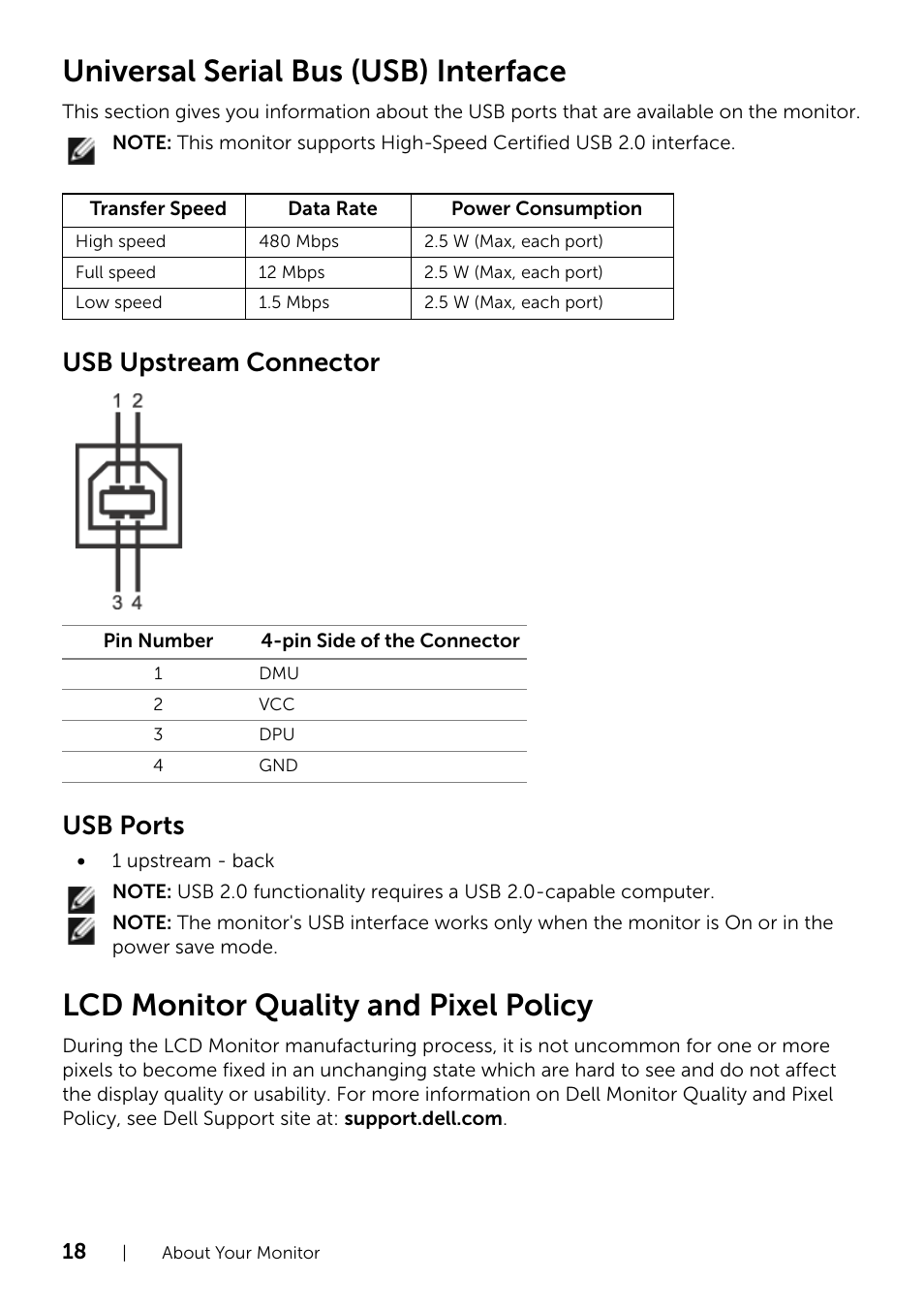Universal serial bus (usb) interface, Lcd monitor quality and pixel policy, Usb upstream connector usb ports | Dell S2240T 21.5 Multi-Touch Monitor with LED User Manual | Page 18 / 50