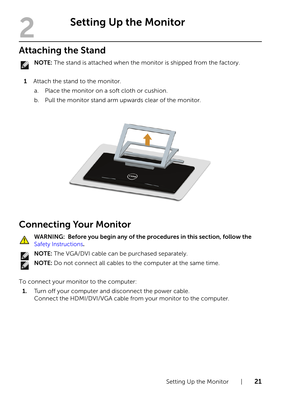 Setting up the monitor, Attaching the stand, Connecting your monitor | Dell S2240T 21.5 Multi-Touch Monitor with LED User Manual | Page 21 / 50