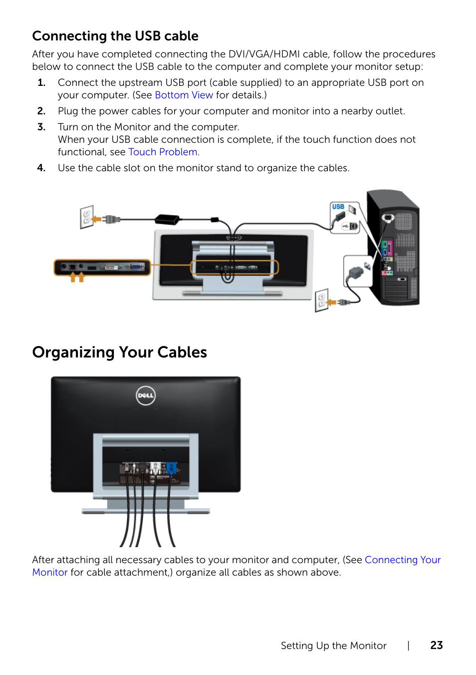 Organizing your cables, Connecting the usb cable | Dell S2240T 21.5 Multi-Touch Monitor with LED User Manual | Page 23 / 50