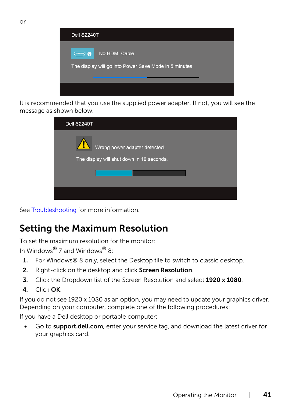 Setting the maximum resolution | Dell S2240T 21.5 Multi-Touch Monitor with LED User Manual | Page 41 / 50
