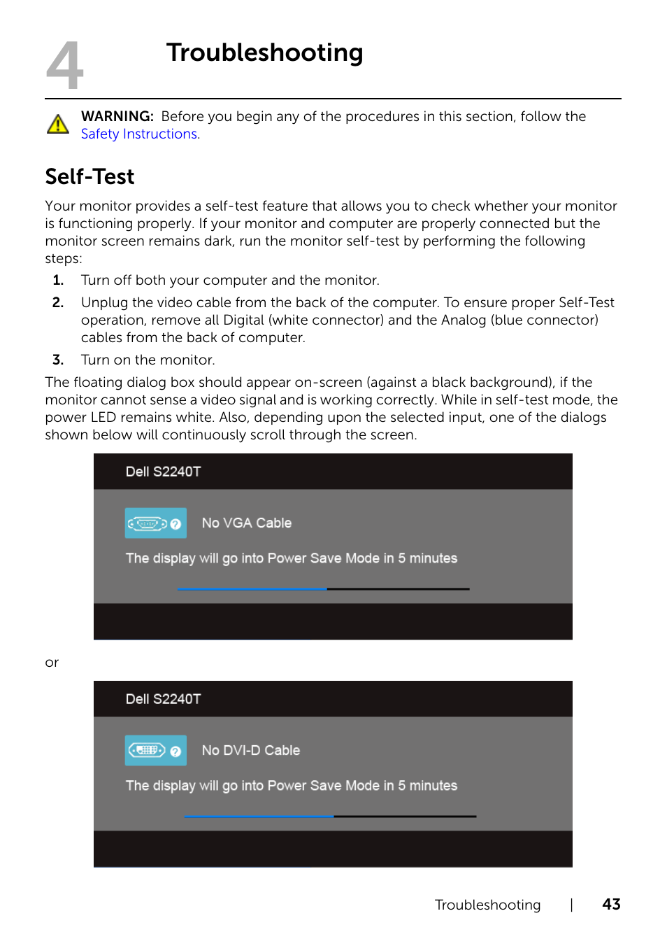 Troubleshooting, Self-test | Dell S2240T 21.5 Multi-Touch Monitor with LED User Manual | Page 43 / 50