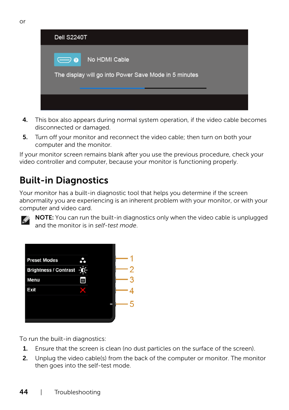 Built-in diagnostics | Dell S2240T 21.5 Multi-Touch Monitor with LED User Manual | Page 44 / 50