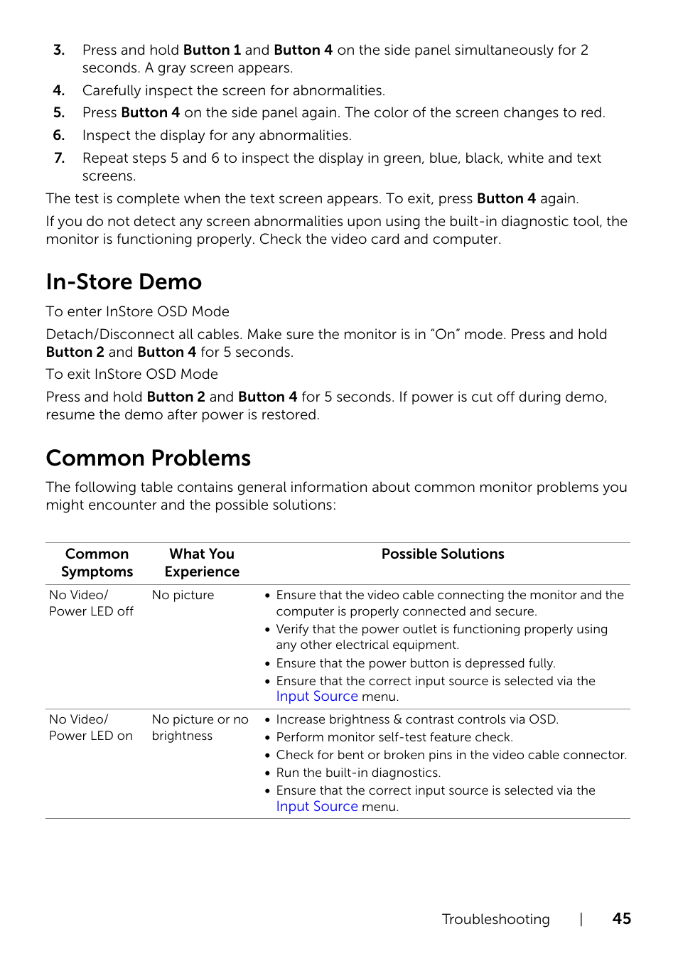 In-store demo, Common problems | Dell S2240T 21.5 Multi-Touch Monitor with LED User Manual | Page 45 / 50