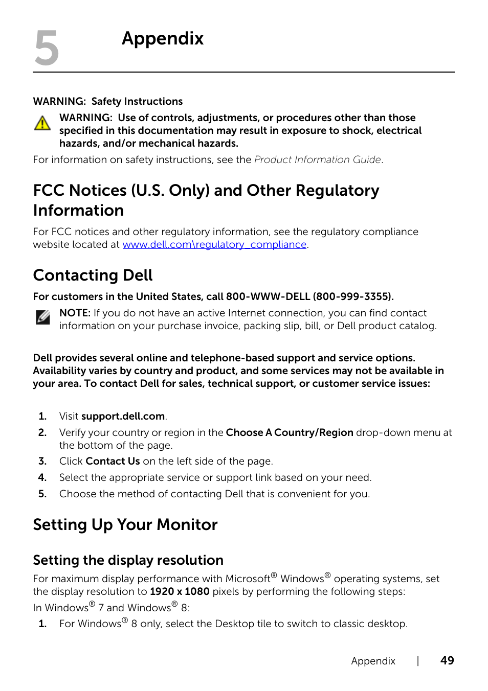 Appendix, Contacting dell, Setting up your monitor | Fcc notices (u.s. only) and other regulatory, Information, Setting the display resolution | Dell S2240T 21.5 Multi-Touch Monitor with LED User Manual | Page 49 / 50