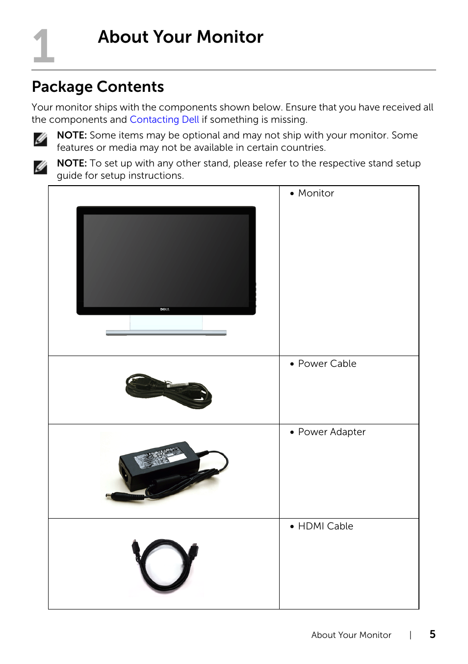 About your monitor, Package contents | Dell S2240T 21.5 Multi-Touch Monitor with LED User Manual | Page 5 / 50