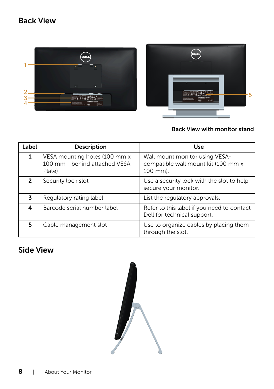 Back view side view | Dell S2240T 21.5 Multi-Touch Monitor with LED User Manual | Page 8 / 50