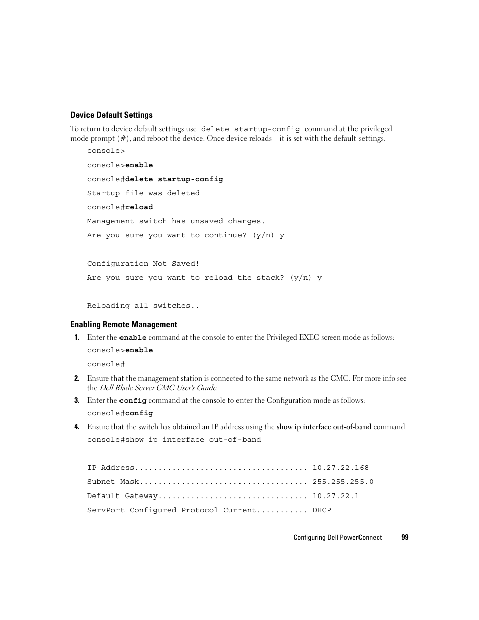 Device default settings, Enabling remote management | Dell POWEREDGE M1000E User Manual | Page 101 / 737