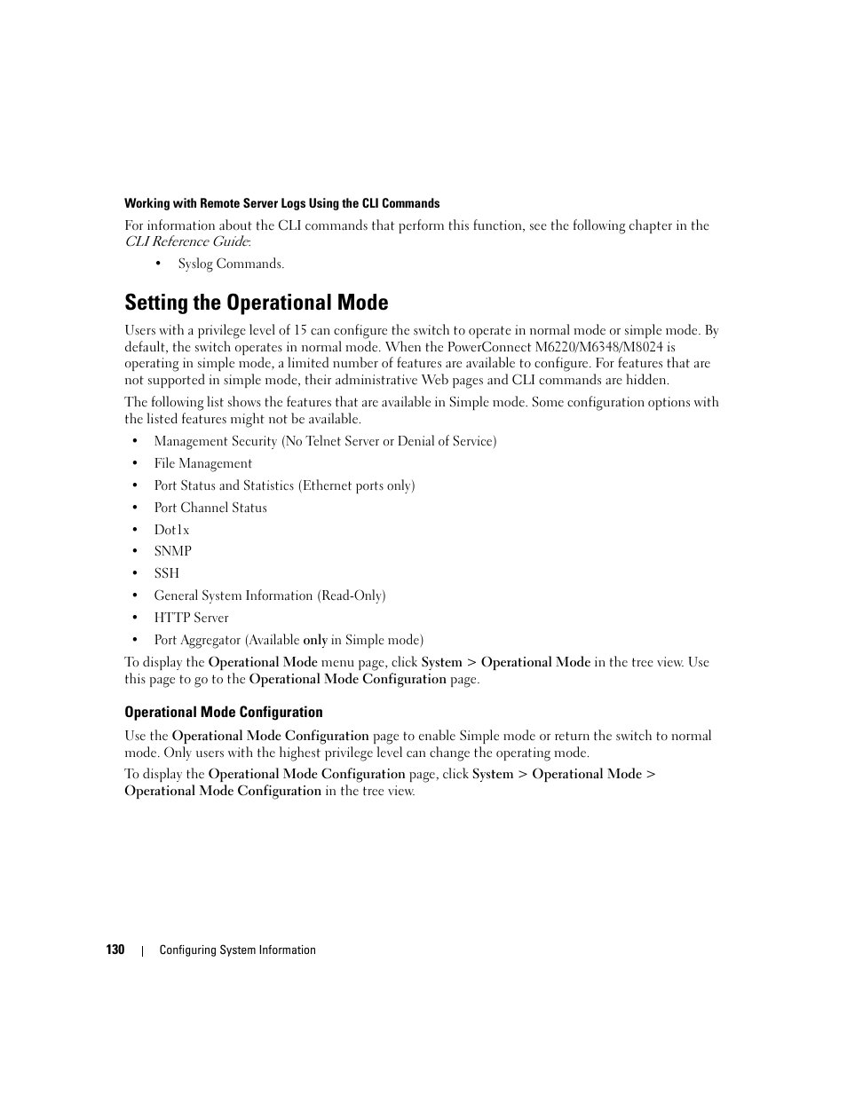 Setting the operational mode, Operational mode configuration, Ee "setting the operational mode | Dell POWEREDGE M1000E User Manual | Page 132 / 737