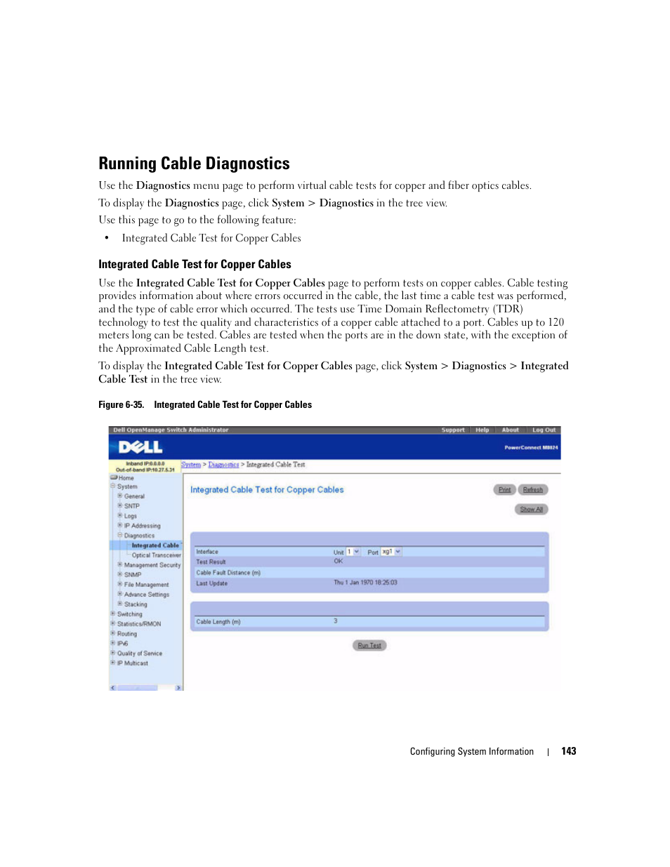 Running cable diagnostics, Integrated cable test for copper cables | Dell POWEREDGE M1000E User Manual | Page 145 / 737