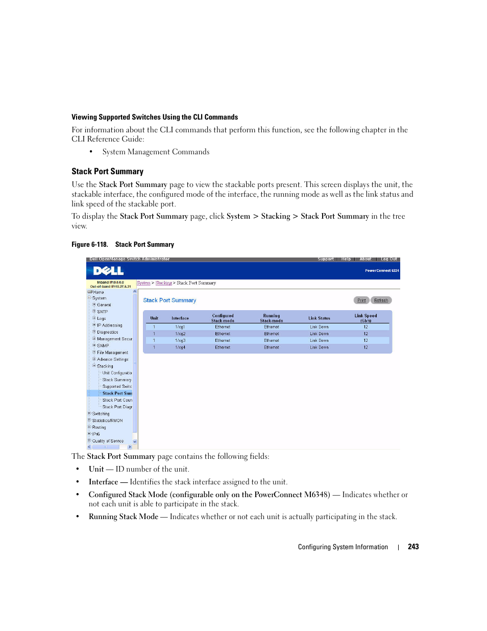 Stack port summary | Dell POWEREDGE M1000E User Manual | Page 245 / 737