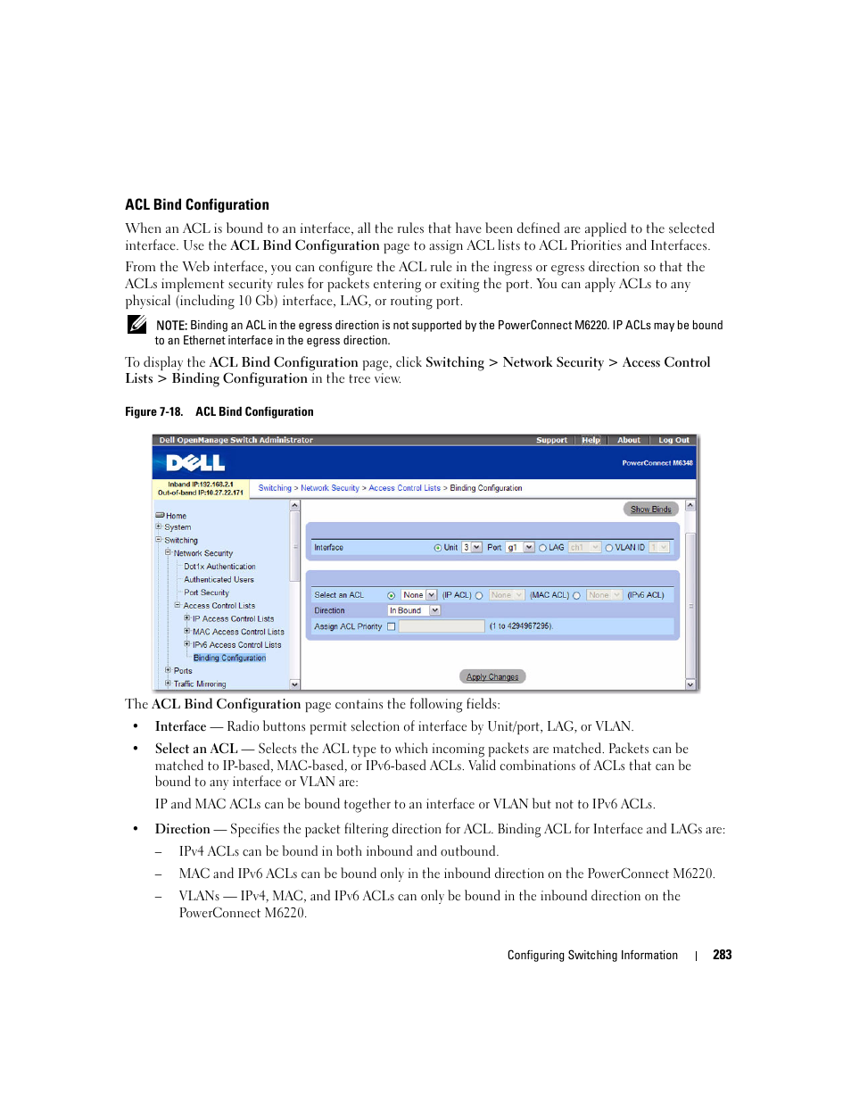 Acl bind configuration | Dell POWEREDGE M1000E User Manual | Page 285 / 737