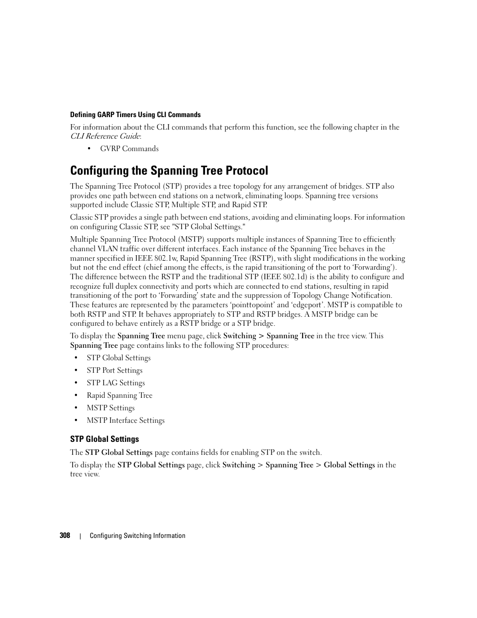 Configuring the spanning tree protocol, Stp global settings, Configuring the spanning tree | Protocol | Dell POWEREDGE M1000E User Manual | Page 310 / 737