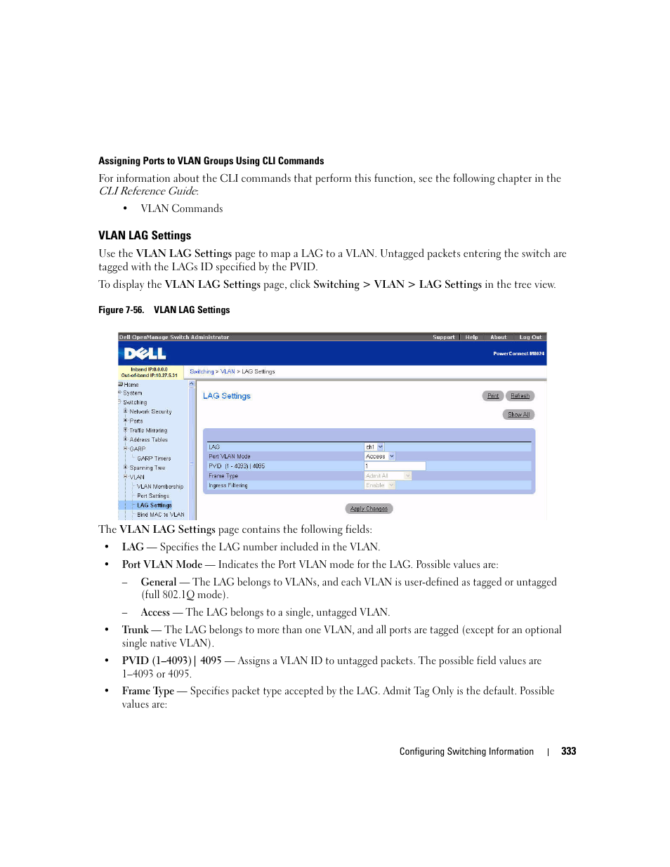 Vlan lag settings | Dell POWEREDGE M1000E User Manual | Page 335 / 737