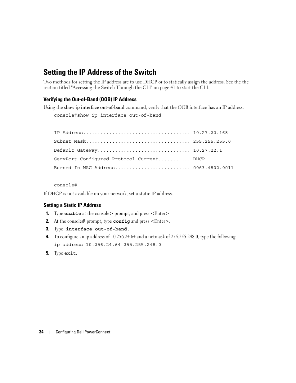 Verifying the out-of-band (oob) ip address, Setting a static ip address, Setting the ip address of the switch | Dell POWEREDGE M1000E User Manual | Page 36 / 737