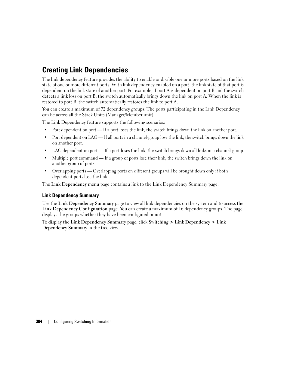 Creating link dependencies, Link dependency summary, E "creating link dependencies | Dell POWEREDGE M1000E User Manual | Page 386 / 737