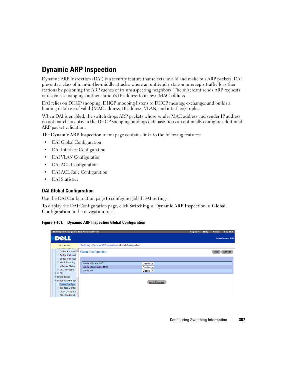 Dynamic arp inspection, Dai global configuration | Dell POWEREDGE M1000E User Manual | Page 389 / 737