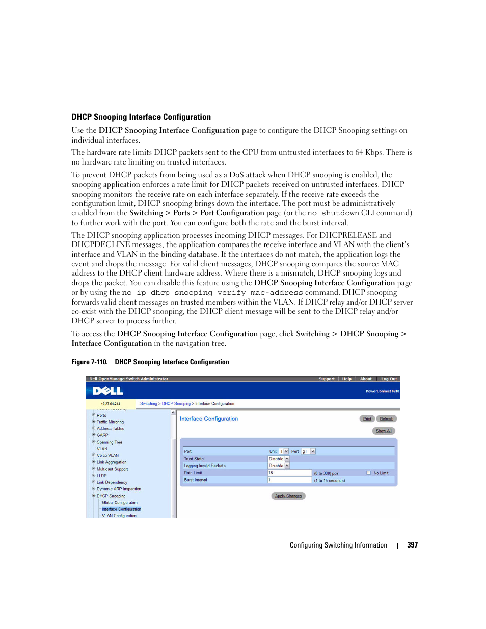 Dhcp snooping interface configuration | Dell POWEREDGE M1000E User Manual | Page 399 / 737