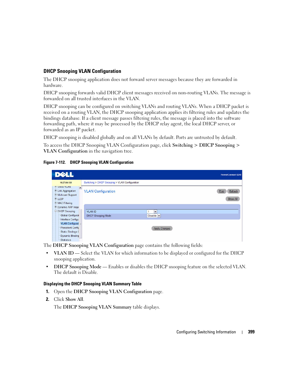 Dhcp snooping vlan configuration | Dell POWEREDGE M1000E User Manual | Page 401 / 737