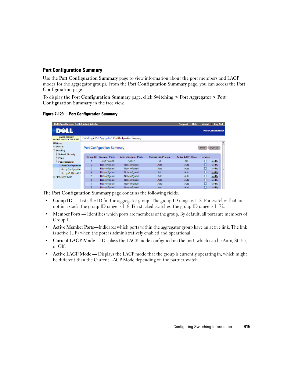 Port configuration summary | Dell POWEREDGE M1000E User Manual | Page 417 / 737