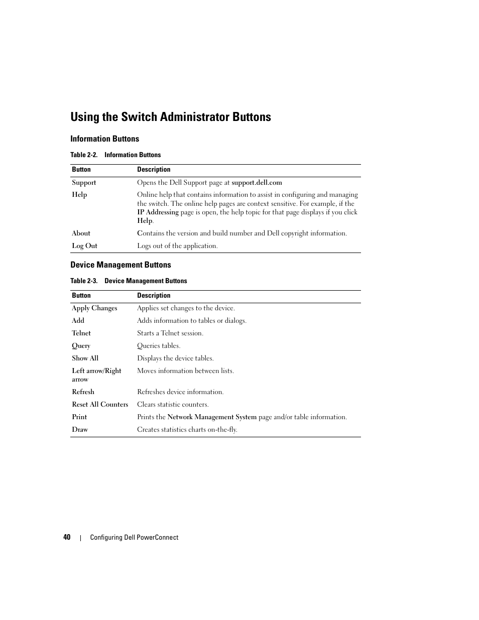 Information buttons, Device management buttons, Using the switch administrator buttons | Dell POWEREDGE M1000E User Manual | Page 42 / 737