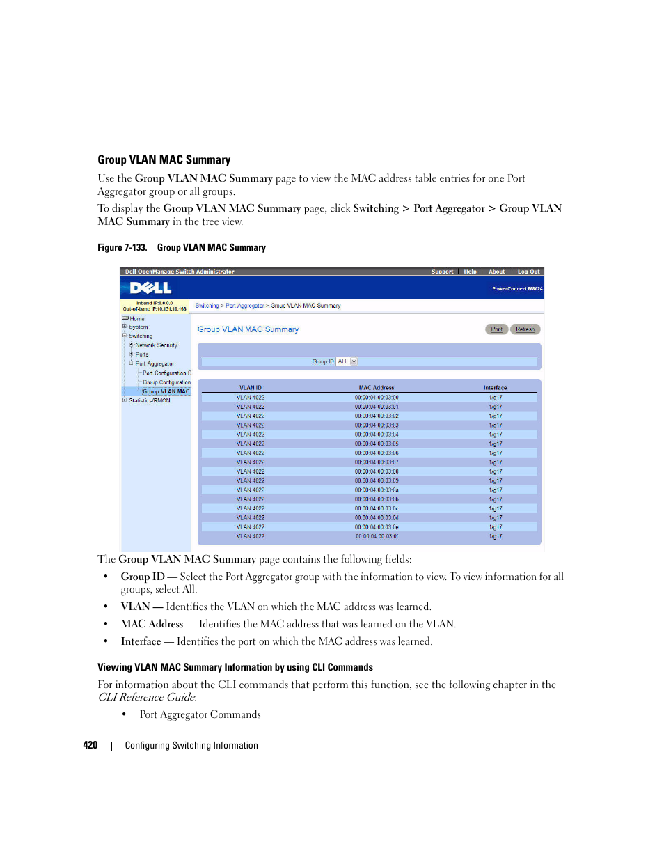 Group vlan mac summary | Dell POWEREDGE M1000E User Manual | Page 422 / 737