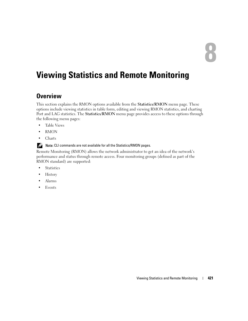 Viewing statistics and remote monitoring, Overview, 8 viewing statistics and remote monitoring | Dell POWEREDGE M1000E User Manual | Page 423 / 737