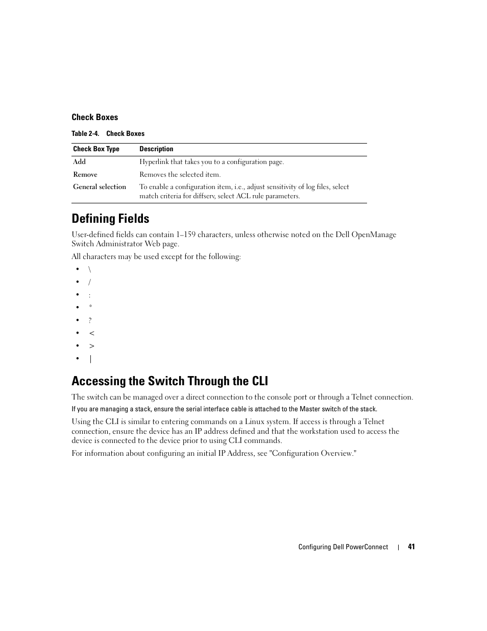 Check boxes, Defining fields, Accessing the switch through the cli | Dell POWEREDGE M1000E User Manual | Page 43 / 737