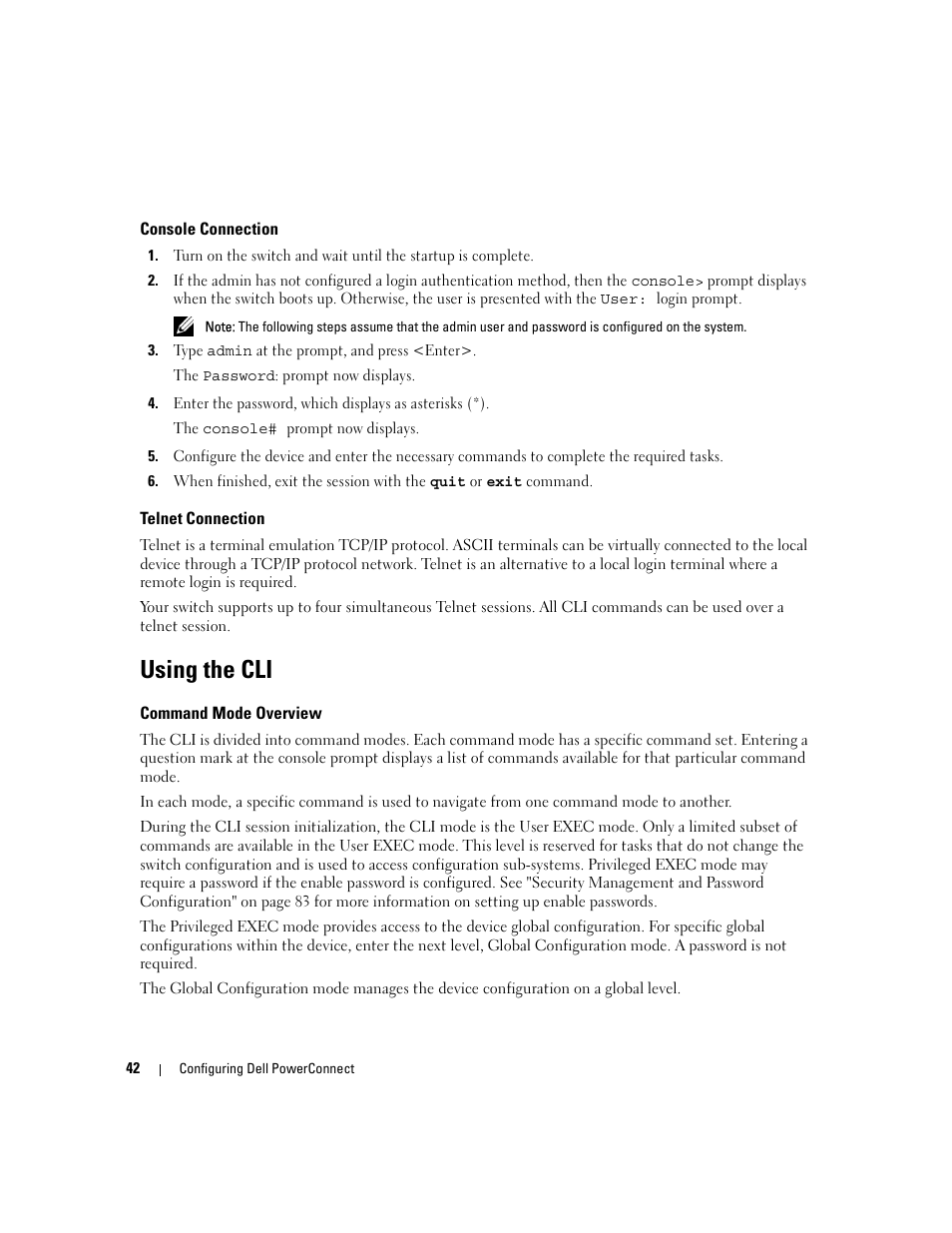 Console connection, Using the cli, Telnet connection | Command mode overview | Dell POWEREDGE M1000E User Manual | Page 44 / 737