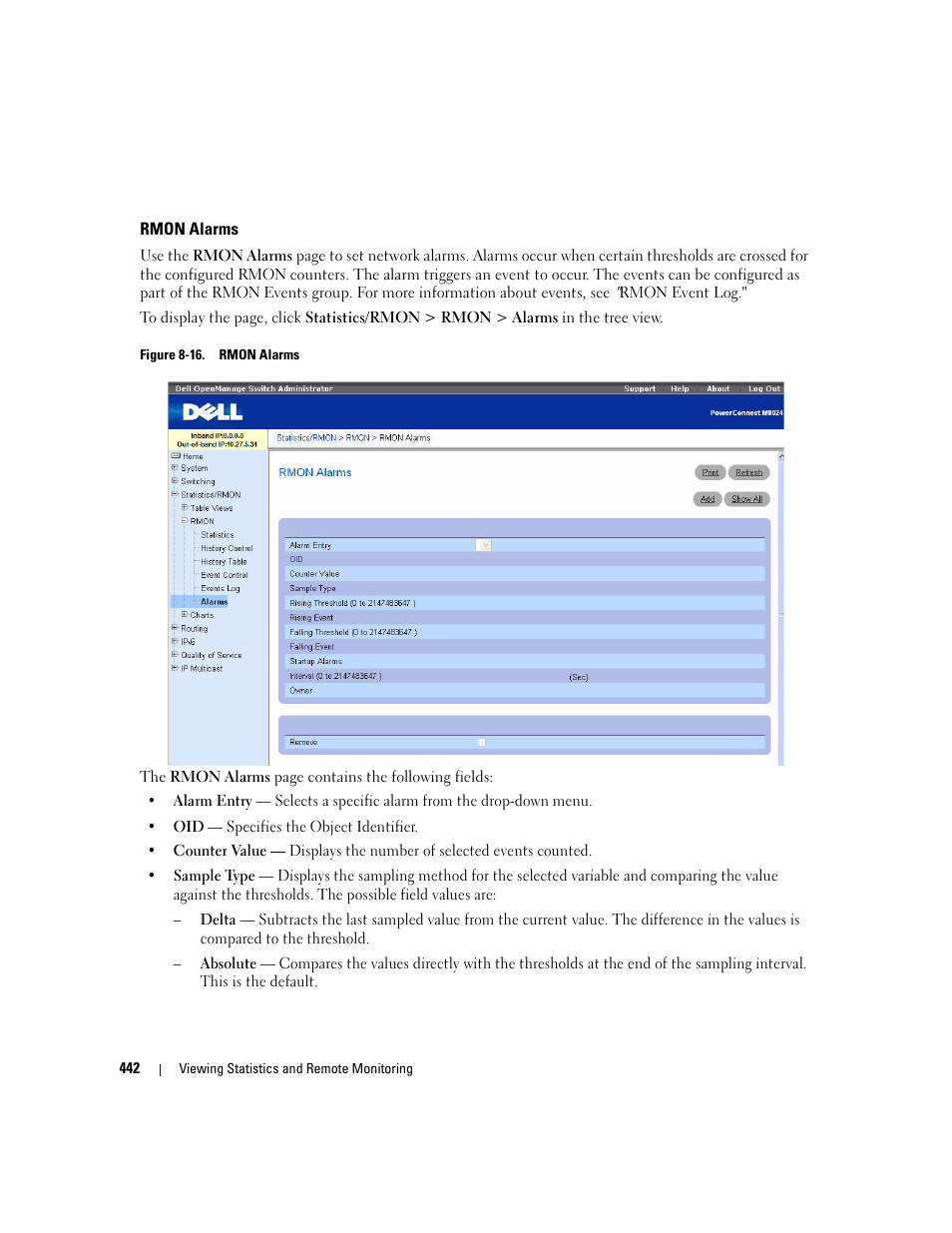 Rmon alarms | Dell POWEREDGE M1000E User Manual | Page 444 / 737