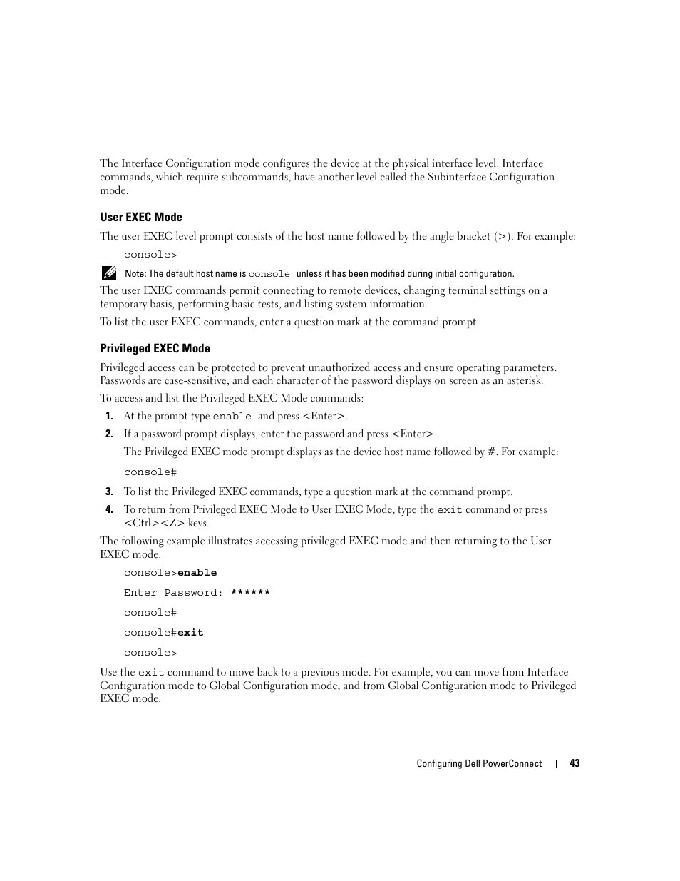 User exec mode, Privileged exec mode | Dell POWEREDGE M1000E User Manual | Page 45 / 737