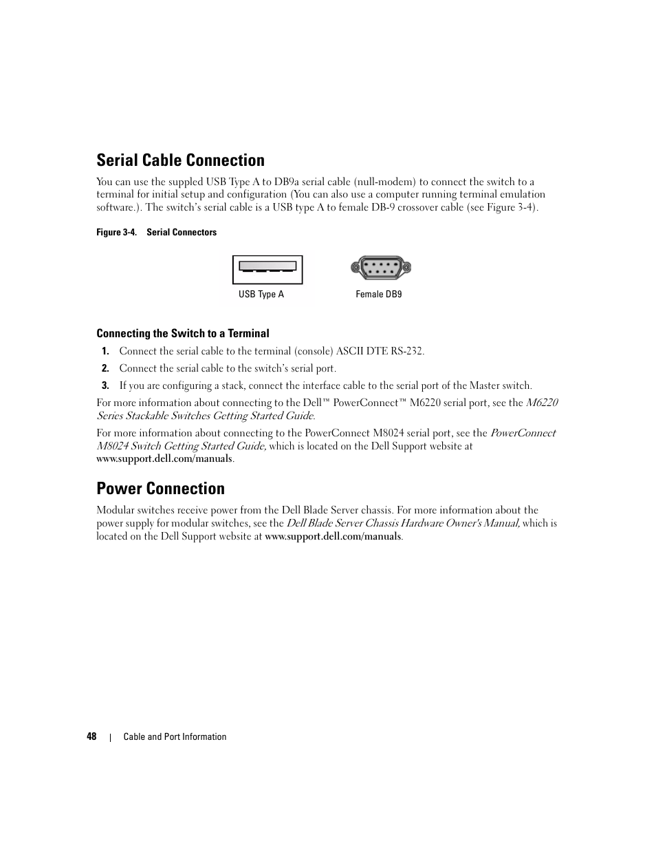 Power connection, Connecting the switch to a terminal, Serial cable connection | Dell POWEREDGE M1000E User Manual | Page 50 / 737