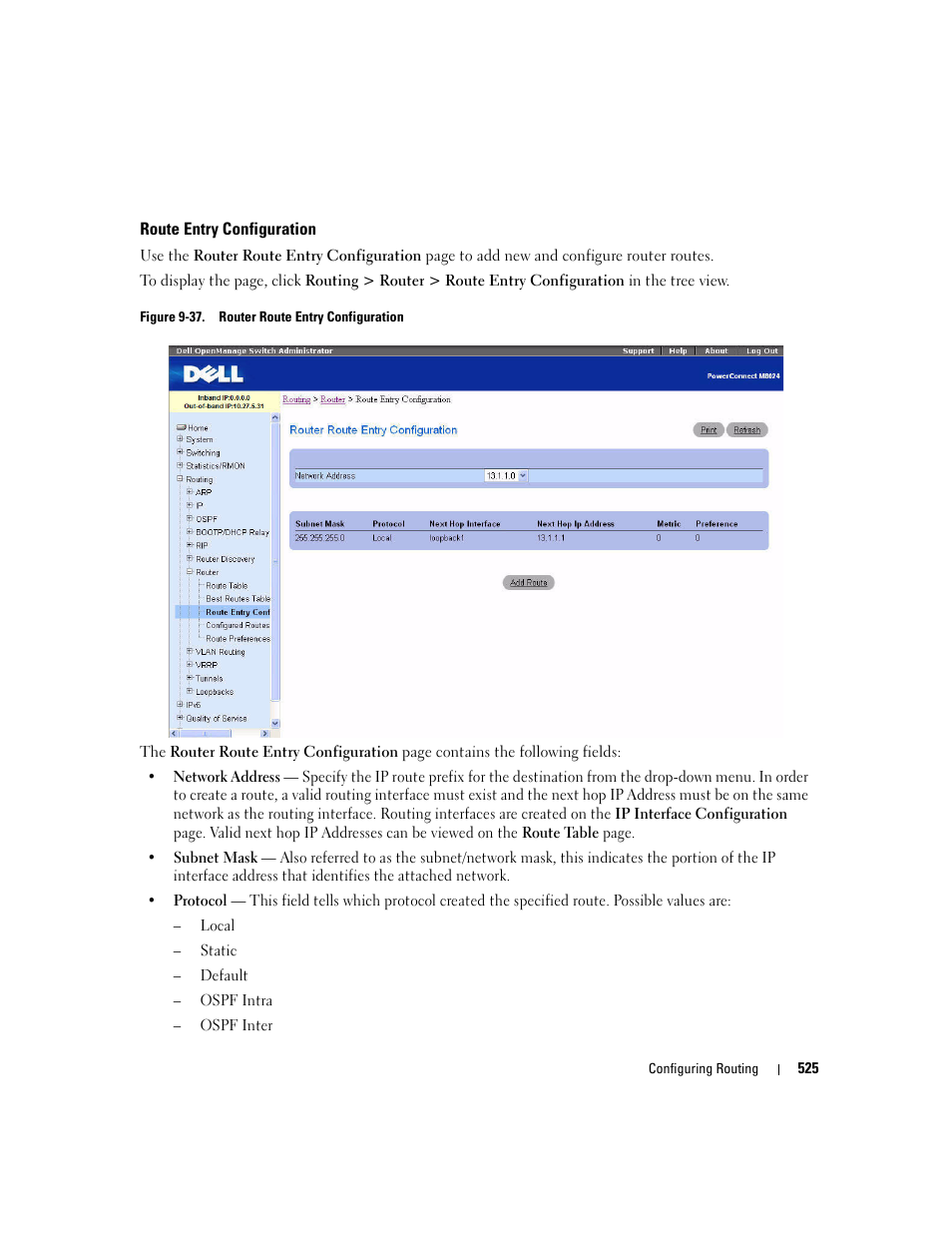 Route entry configuration | Dell POWEREDGE M1000E User Manual | Page 527 / 737