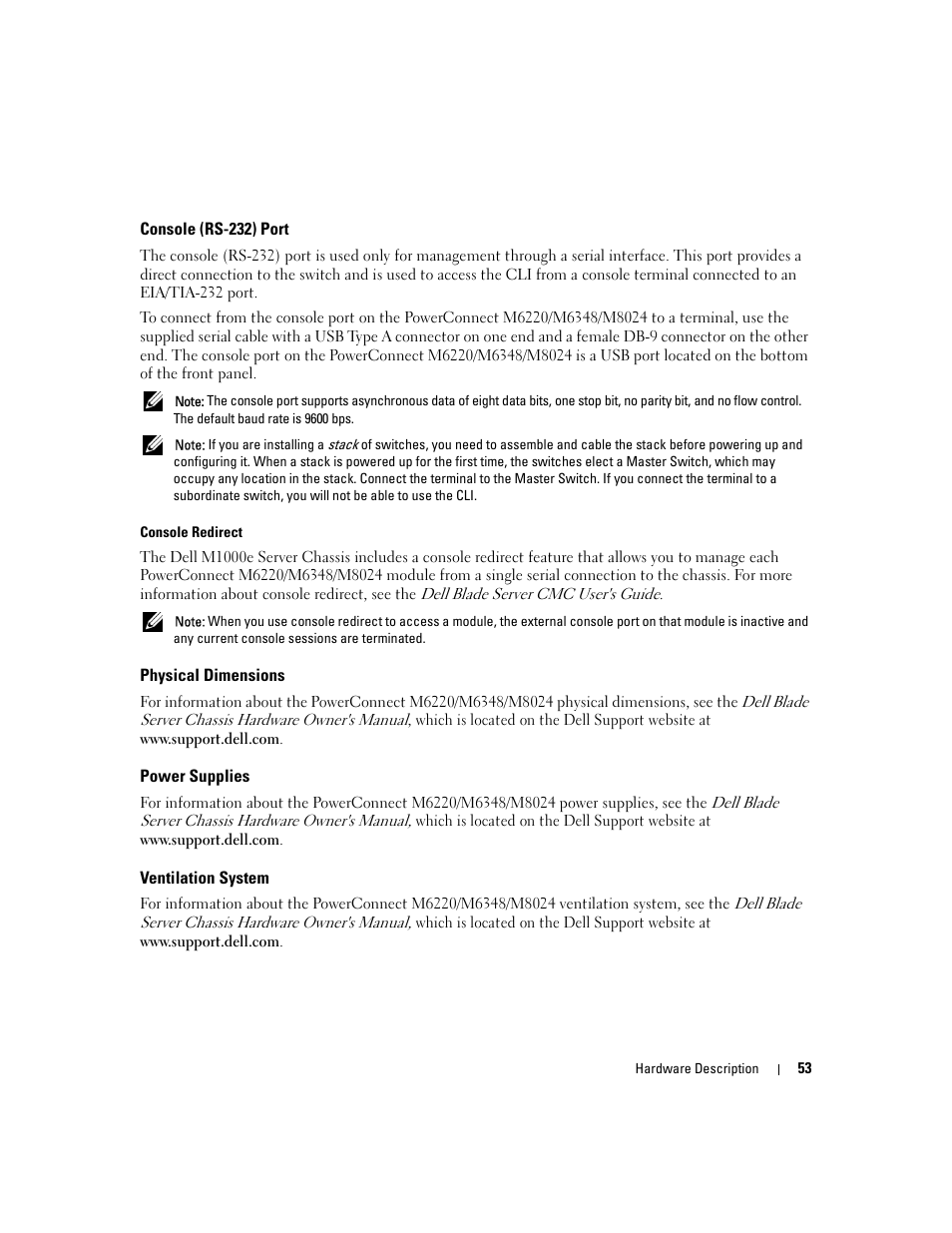 Console (rs-232) port, Physical dimensions, Power supplies | Ventilation system | Dell POWEREDGE M1000E User Manual | Page 55 / 737