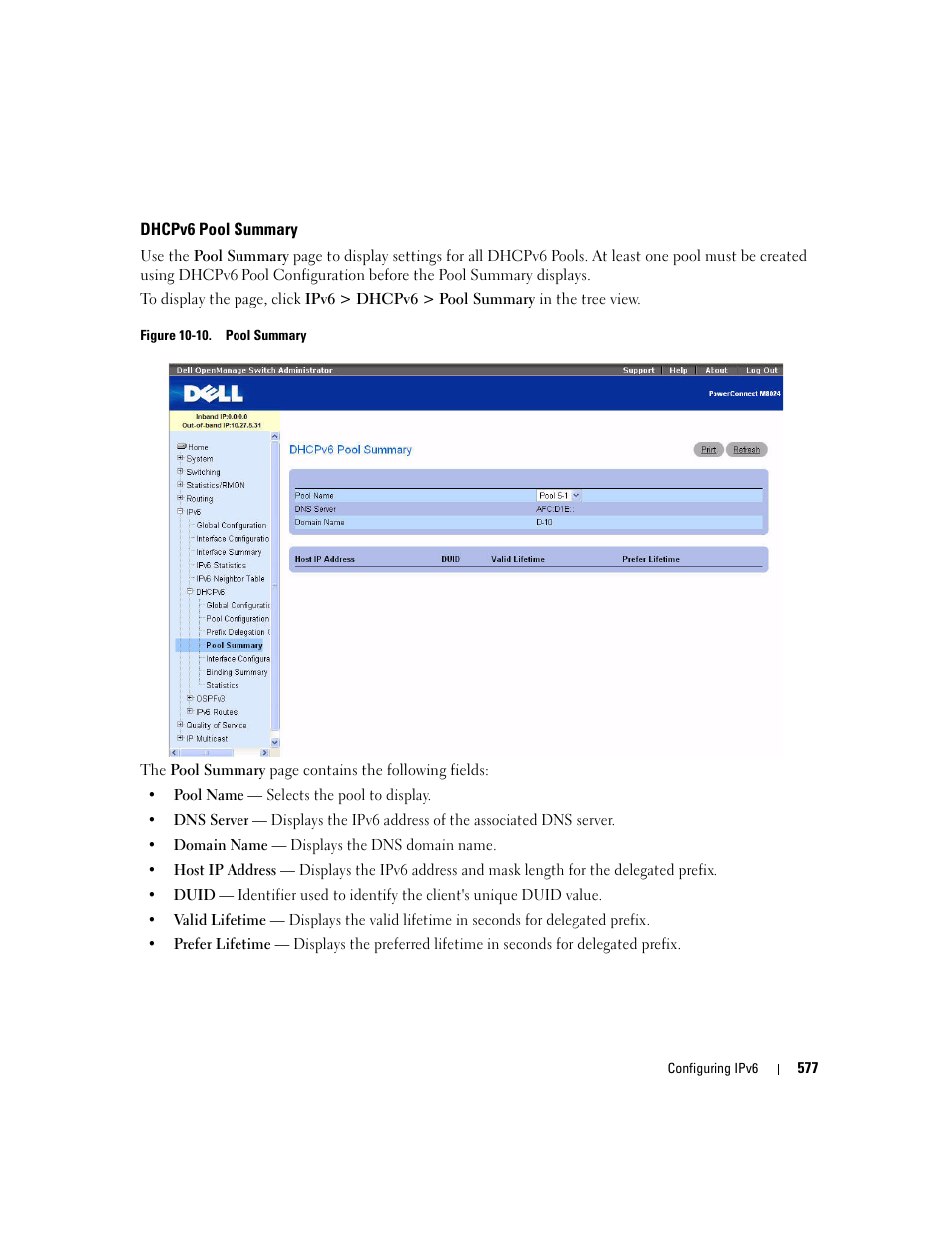 Dhcpv6 pool summary | Dell POWEREDGE M1000E User Manual | Page 579 / 737