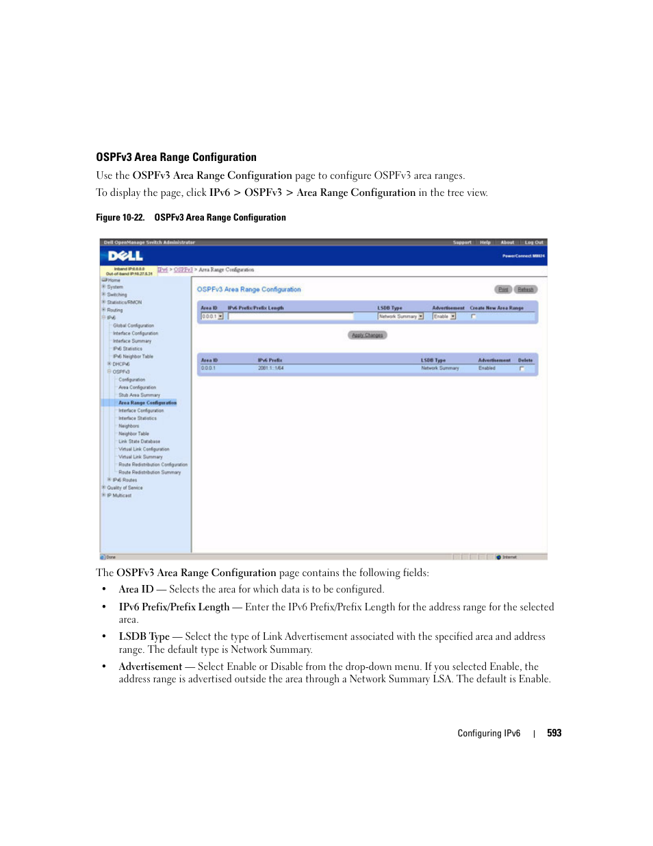 Ospfv3 area range configuration | Dell POWEREDGE M1000E User Manual | Page 595 / 737