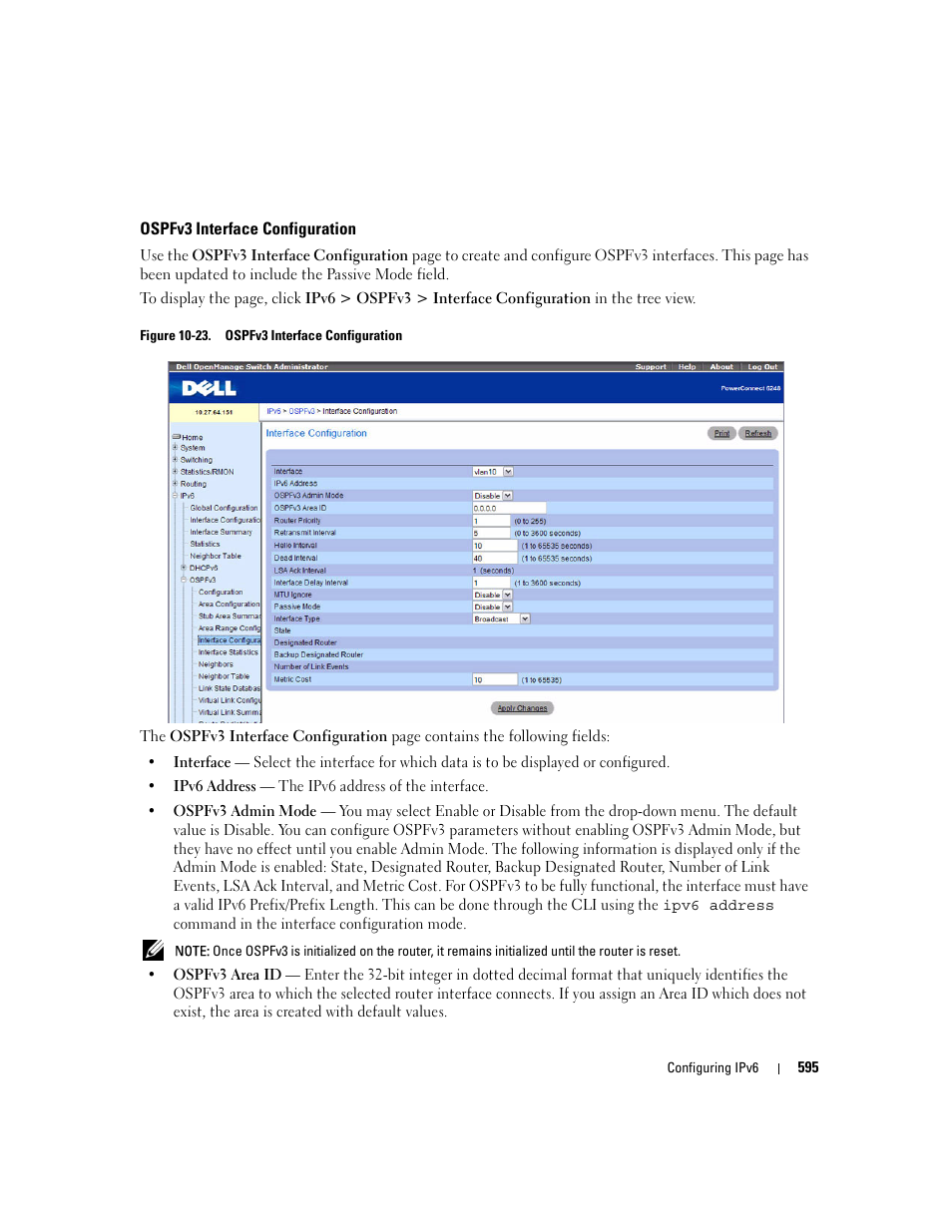 Ospfv3 interface configuration | Dell POWEREDGE M1000E User Manual | Page 597 / 737