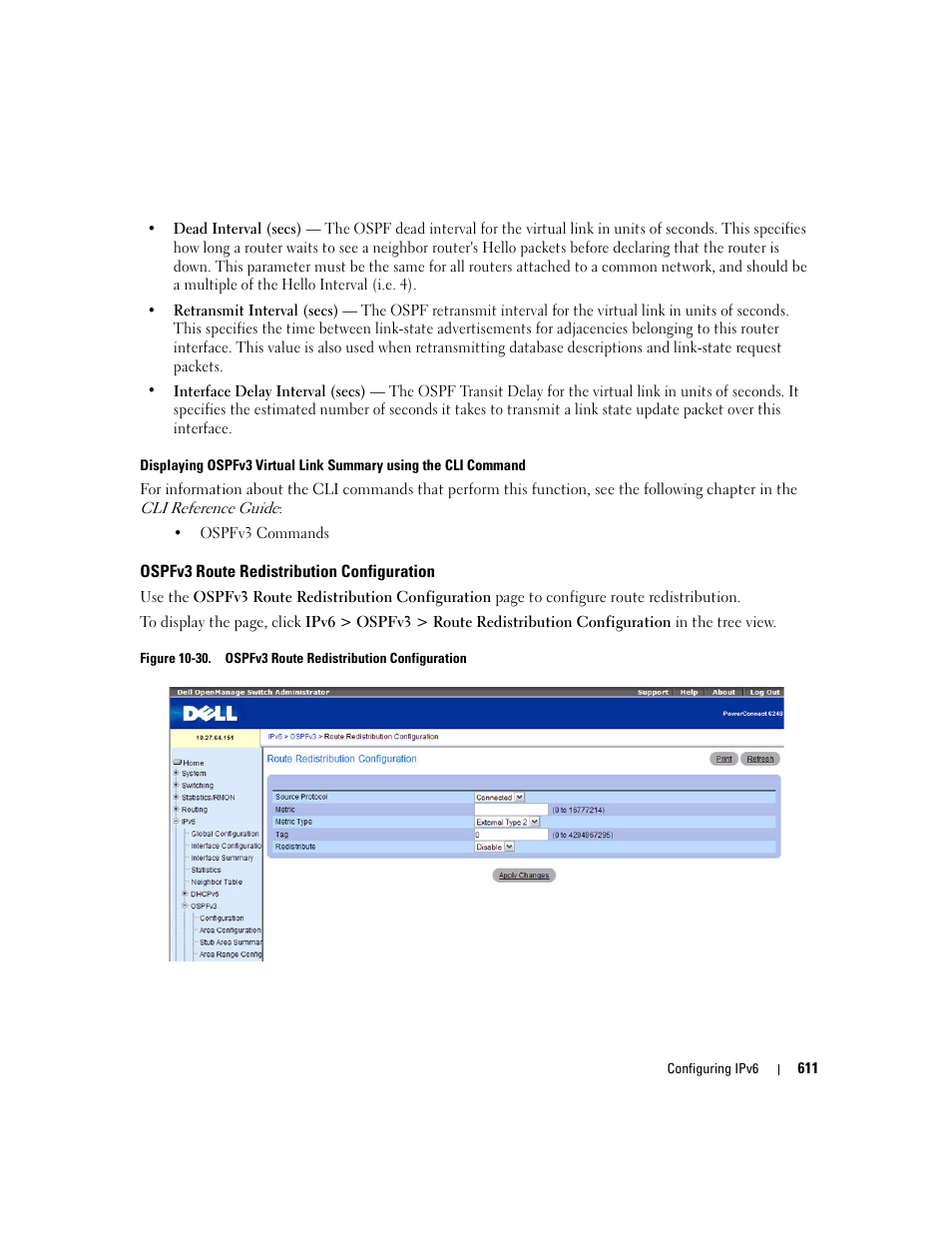 Ospfv3 route redistribution configuration | Dell POWEREDGE M1000E User Manual | Page 613 / 737