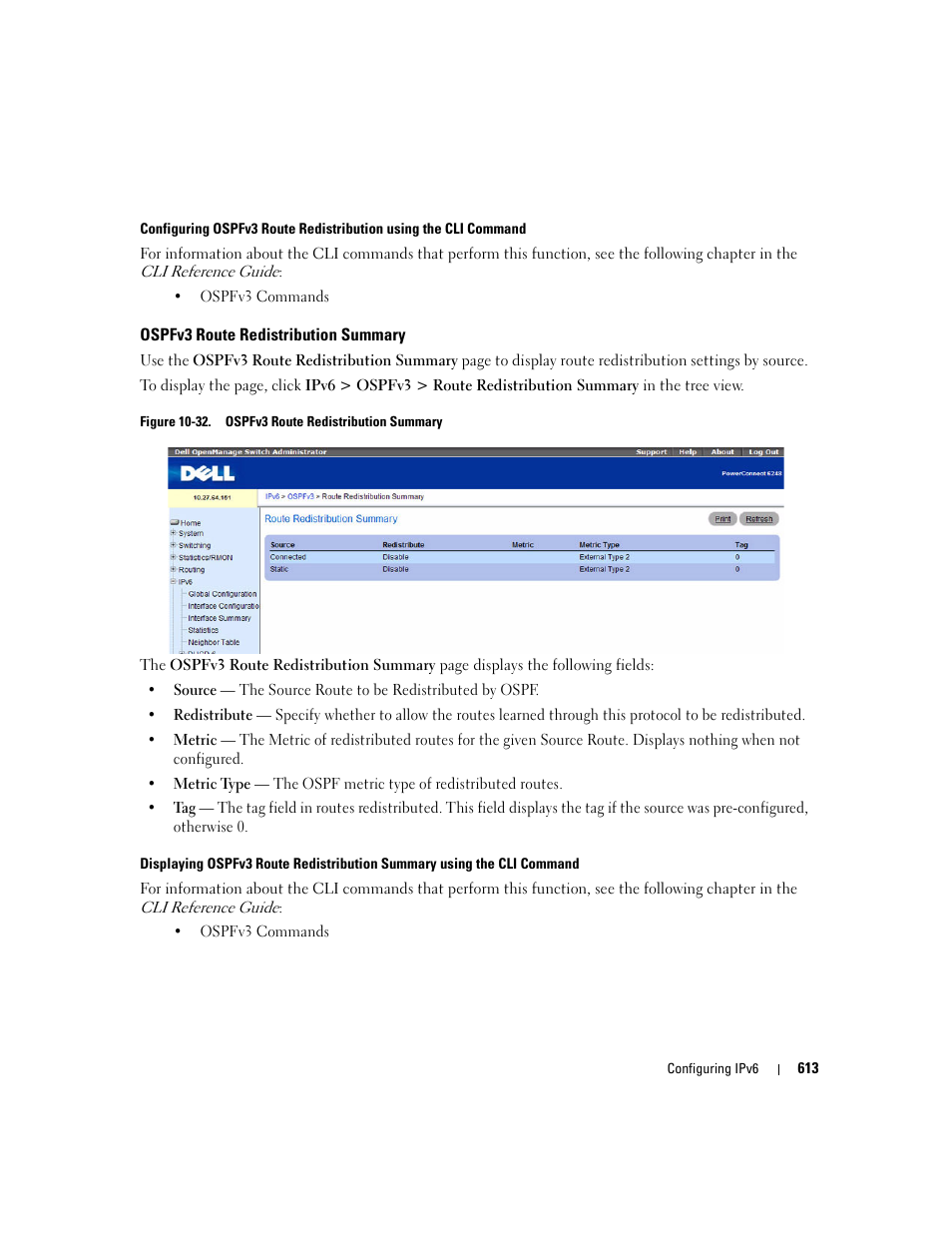 Ospfv3 route redistribution summary | Dell POWEREDGE M1000E User Manual | Page 615 / 737