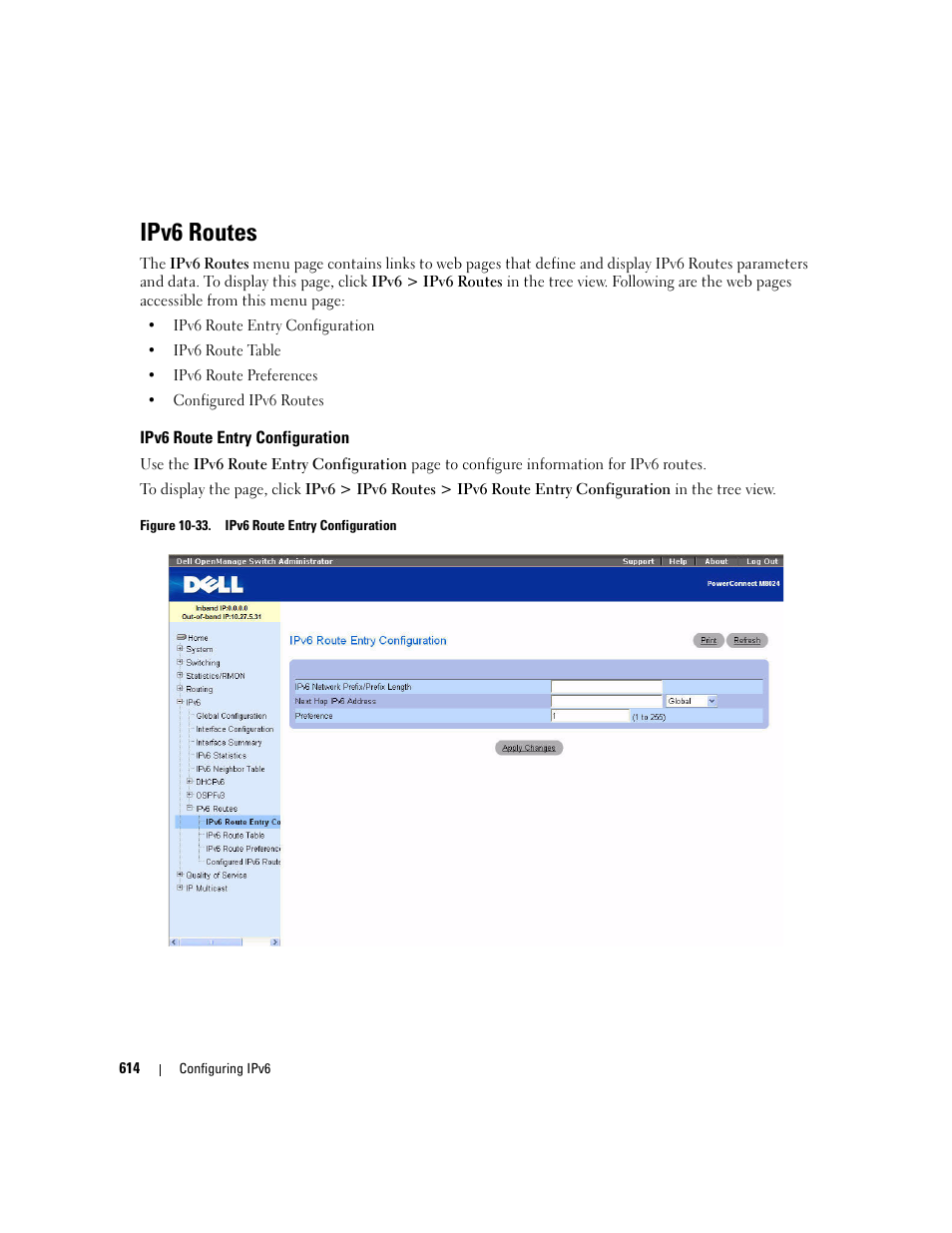 Ipv6 routes, Ipv6 route entry configuration | Dell POWEREDGE M1000E User Manual | Page 616 / 737