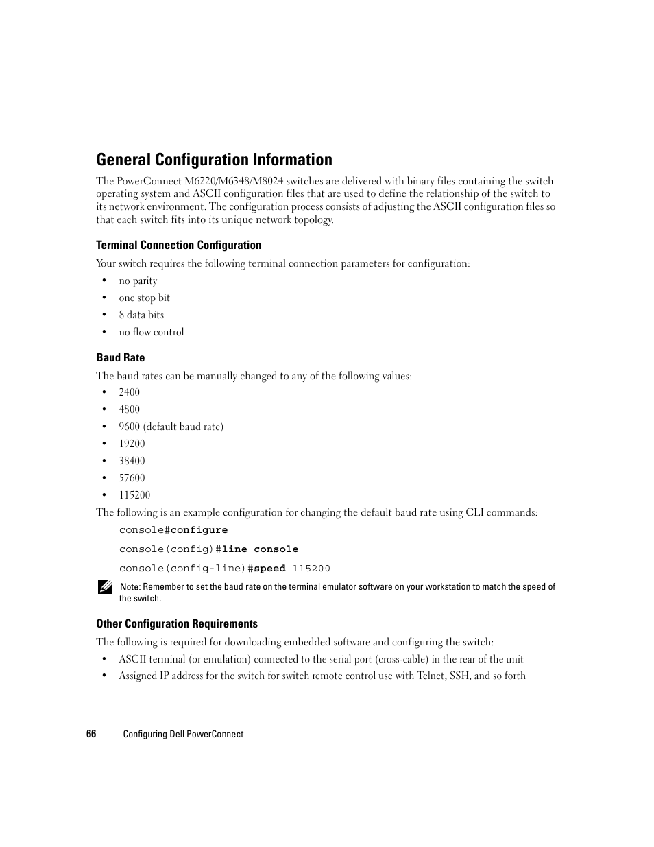 General configuration information, Baud rate, Terminal connection configuration | Other configuration requirements | Dell POWEREDGE M1000E User Manual | Page 68 / 737