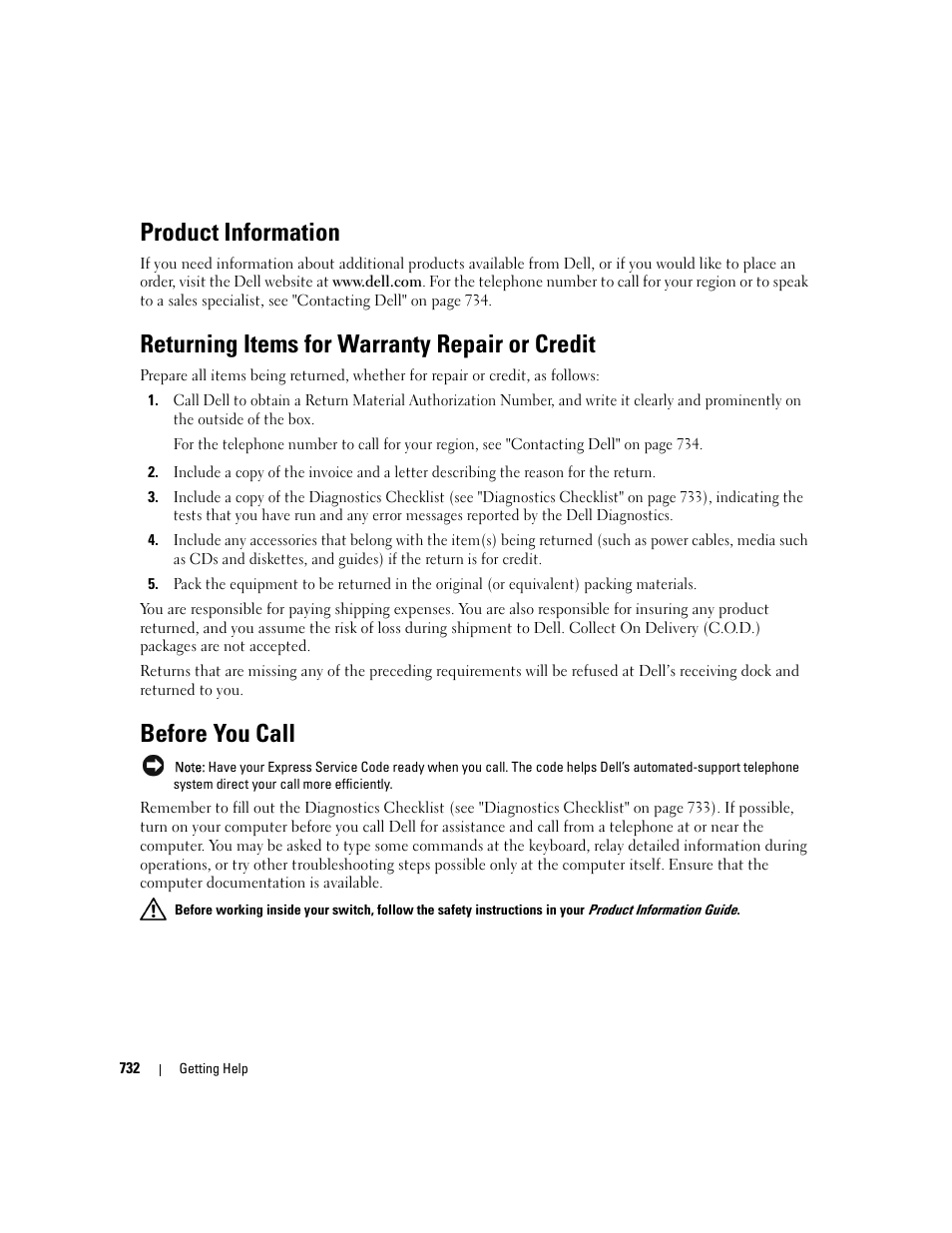 Product information, Returning items for warranty repair or credit, Before you call | Dell POWEREDGE M1000E User Manual | Page 734 / 737