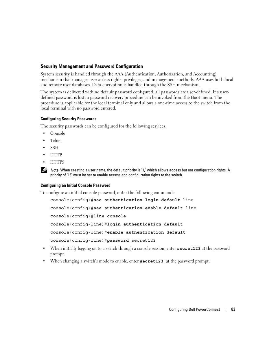 Security management and password configuration, Configuring an initial console password | Dell POWEREDGE M1000E User Manual | Page 85 / 737