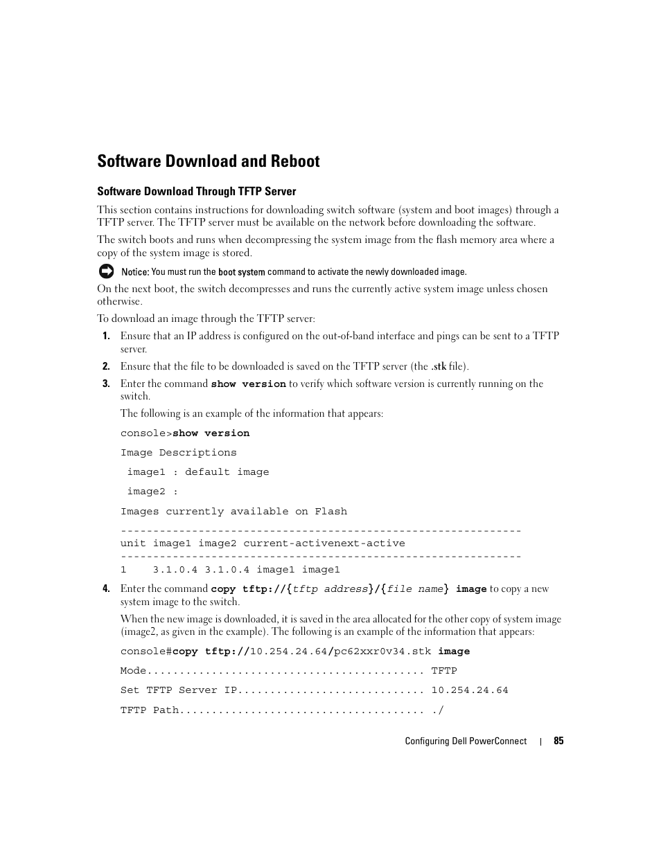 Software download through tftp server, Software download and reboot | Dell POWEREDGE M1000E User Manual | Page 87 / 737