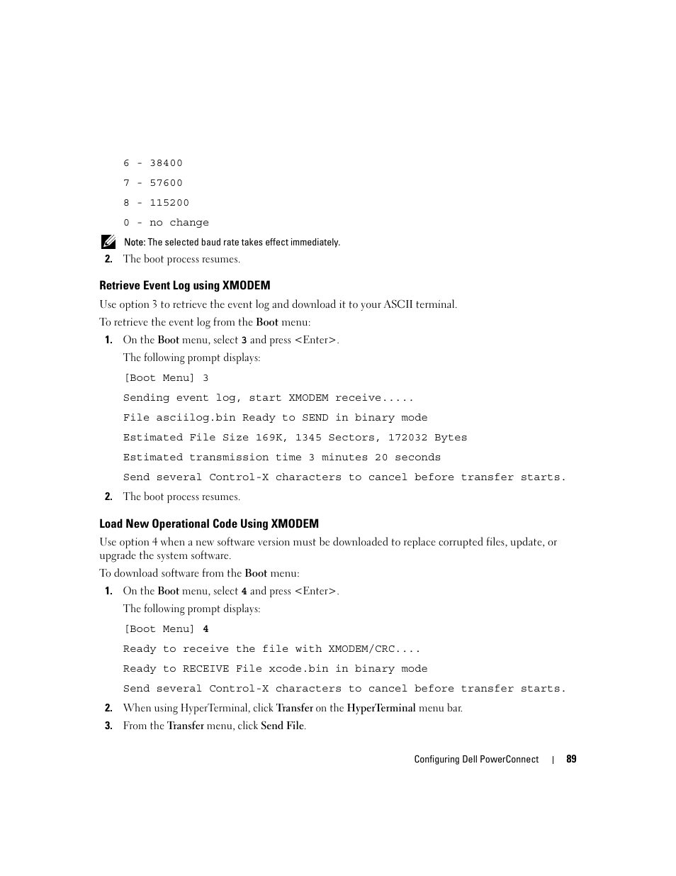 Retrieve event log using xmodem, Load new operational code using xmodem | Dell POWEREDGE M1000E User Manual | Page 91 / 737