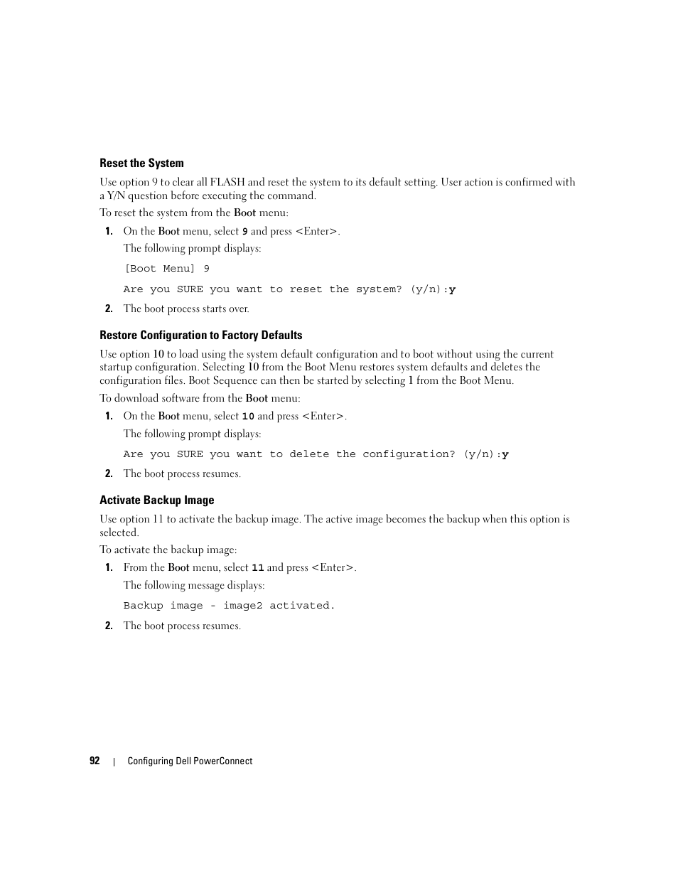 Activate backup image, Reset the system, Restore configuration to factory defaults | Dell POWEREDGE M1000E User Manual | Page 94 / 737