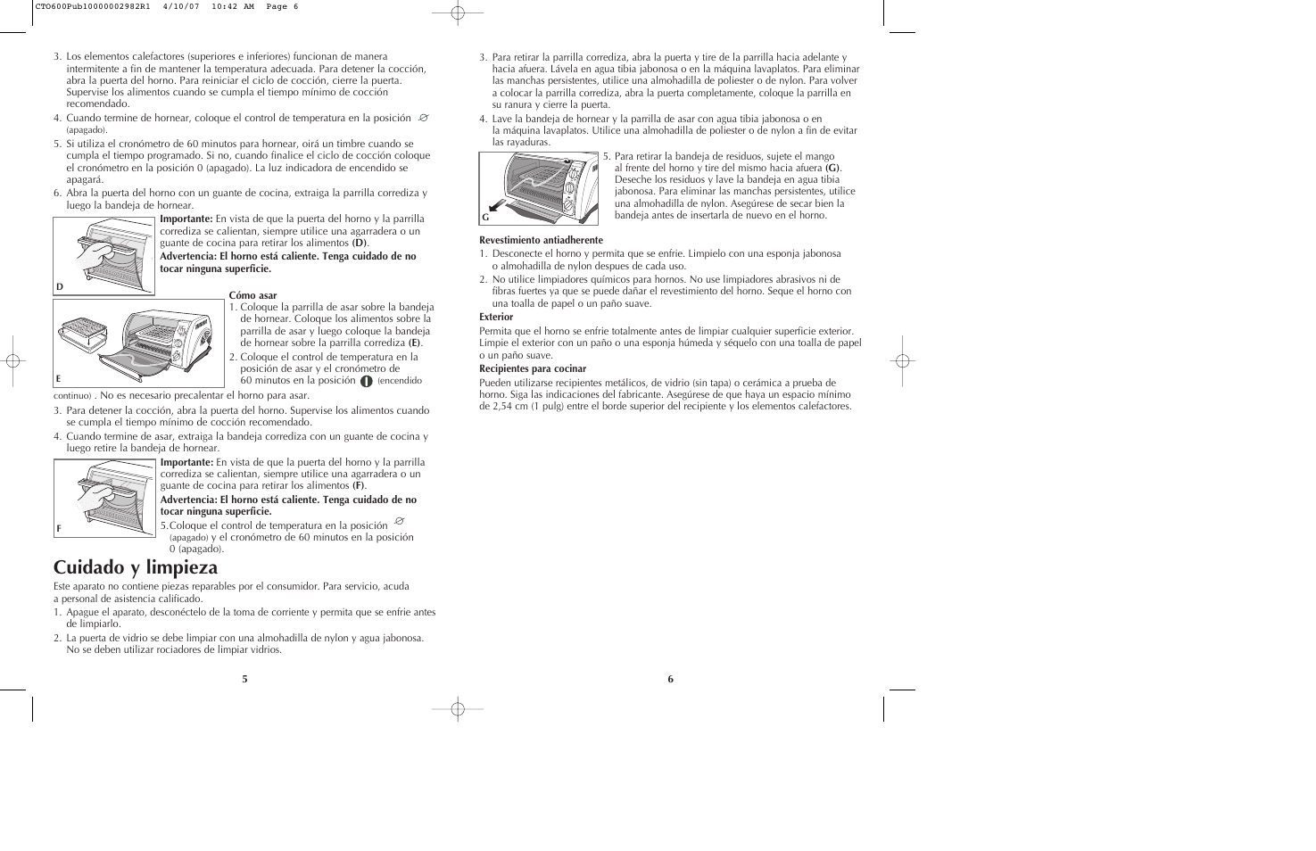 Cuidado y limpieza | Black & Decker CTO600 User Manual | Page 4 / 9