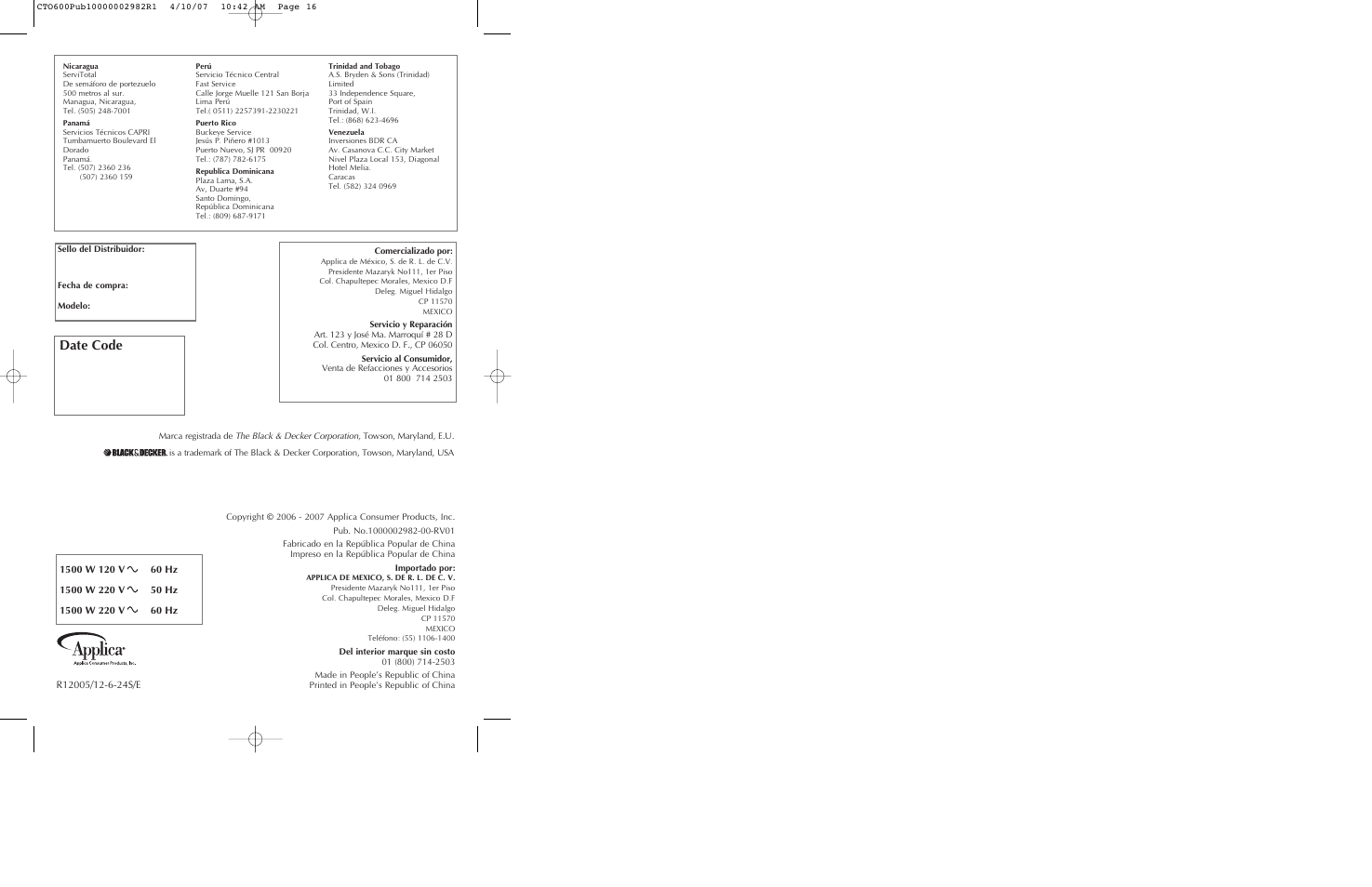 Date code | Black & Decker CTO600 User Manual | Page 9 / 9