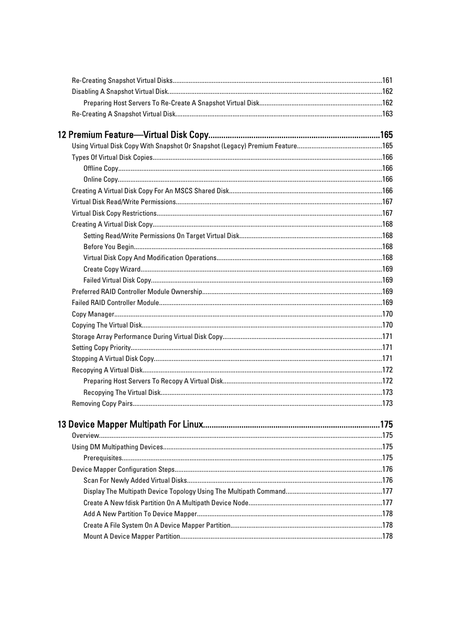 12 premium feature—virtual disk copy, 13 device mapper multipath for linux | Dell POWERVAULT MD3600I User Manual | Page 10 / 237