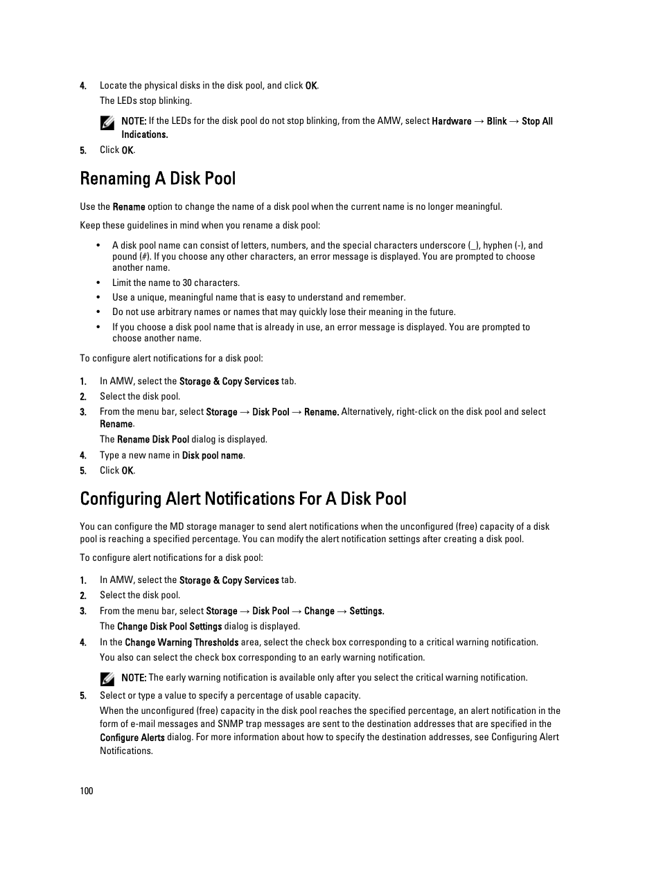 Renaming a disk pool, Configuring alert notifications for a disk pool | Dell POWERVAULT MD3600I User Manual | Page 100 / 237